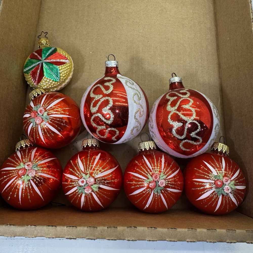 Lot of 8 Vintage Glass Red Pink Gold Glass Christmas Ornaments West Germany Rose